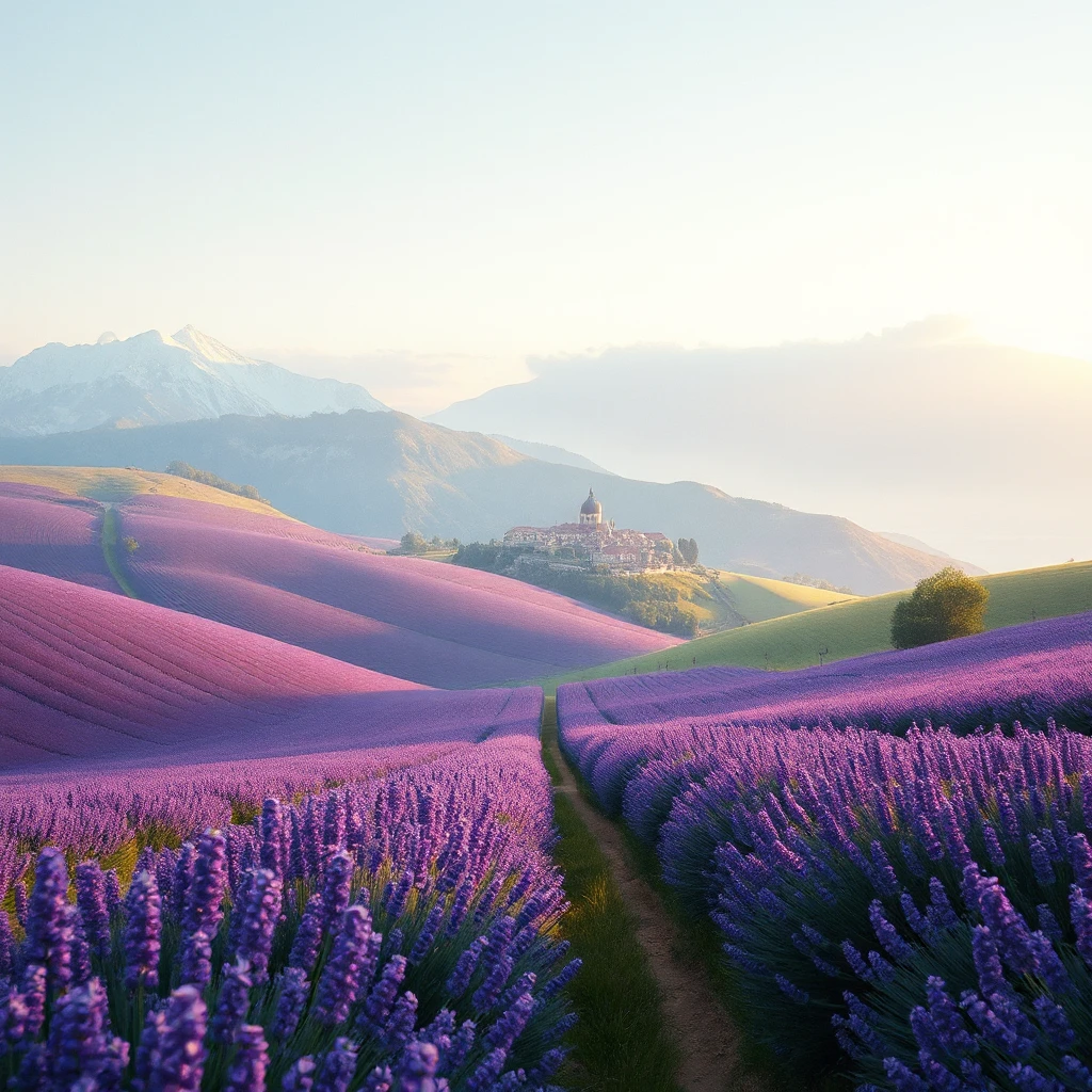 Rolling hills blanketed in lavender fields stretching towards a picturesque village nestled at the foot of snow-capped mountains, soft light, painterly style, calming atmosphere