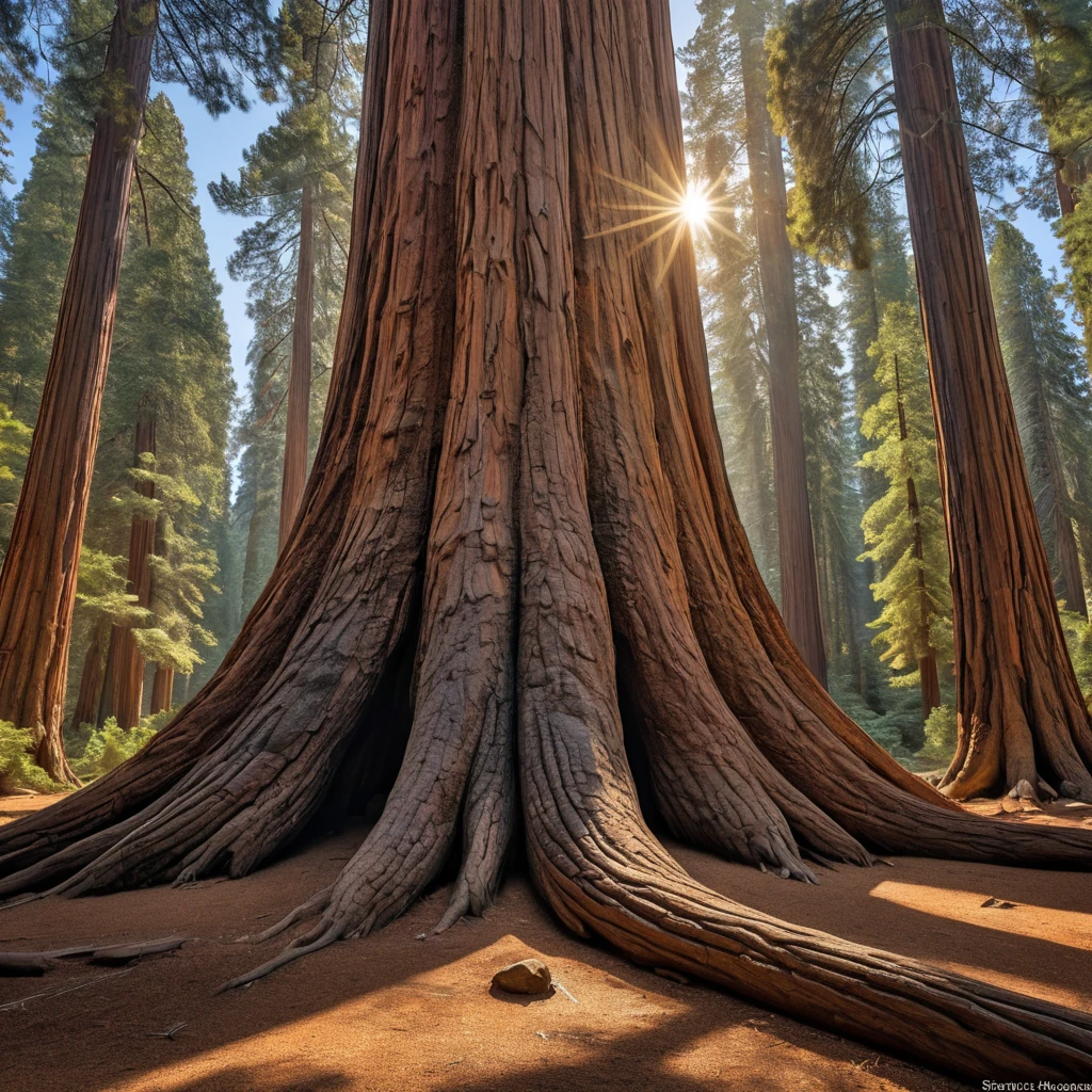 A massive, ancient sequoia tree, its bark deeply furrowed and textured. Sunlight filters through its canopy, illuminating a carpet of fallen needles on the forest floor.