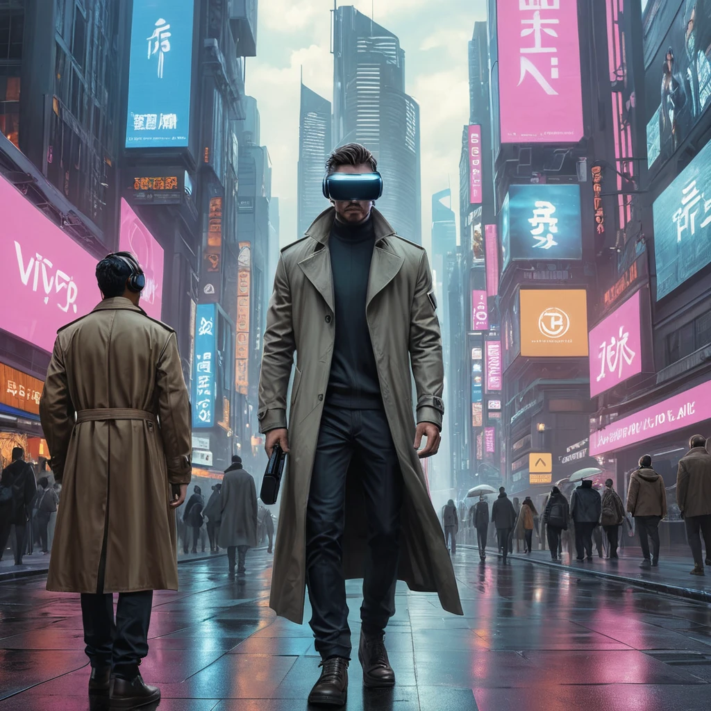A cyberpunk cityscape, a giant holographic advertisement for a virtual reality game dominates the skyline, people wearing VR headsets walk down the street, their eyes glazed over, a lone figure in a trench coat walks past, a look of defiance on their face.