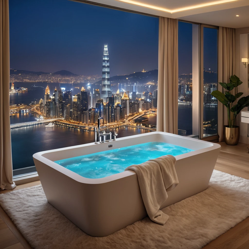 A luxurious bedroom with a king-size bed draped in silk sheets, a plush rug, and a large, freestanding bathtub with a view of a sparkling city at night. The room is bathed in soft, warm lighting.