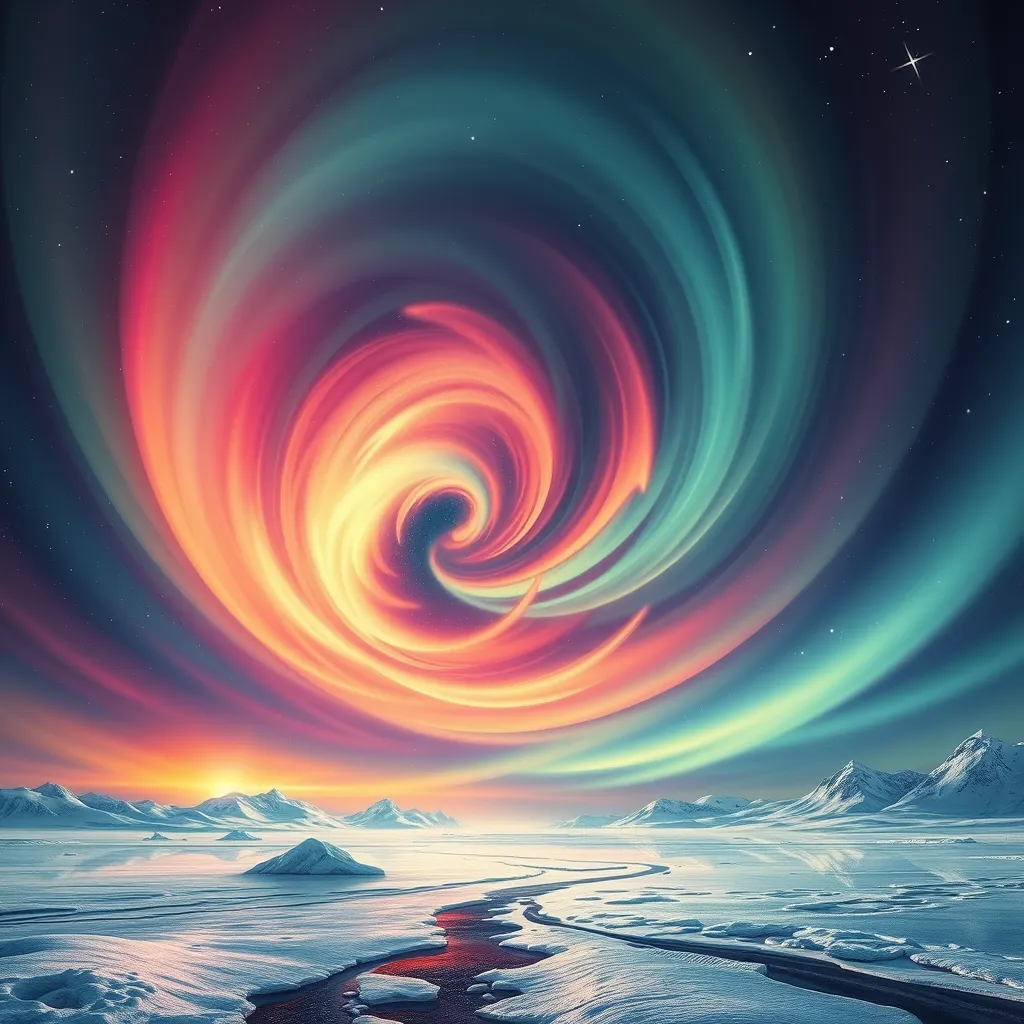 A swirling vortex of vibrant colors, representing the aurora borealis dancing across a frozen, arctic landscape. Stars twinkle in the night sky, casting a magical light on the scene.