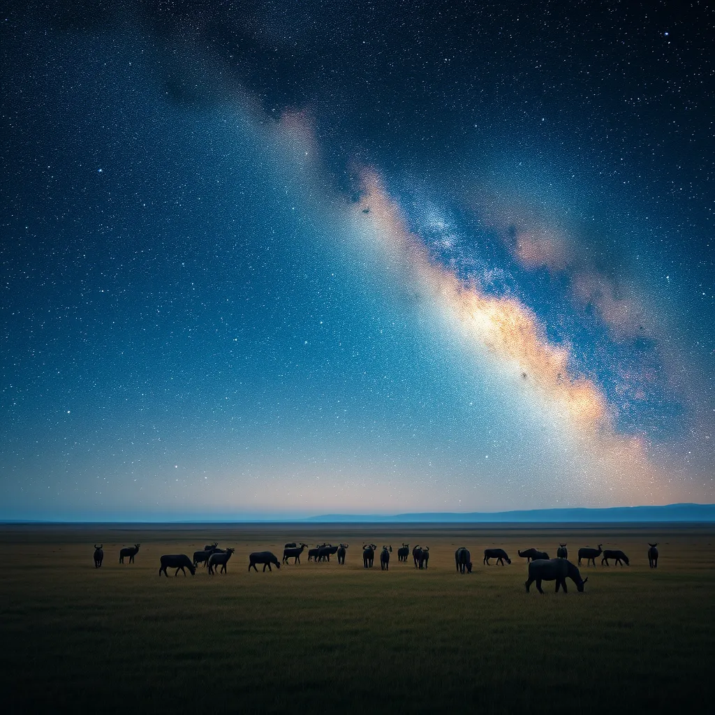 A vast, open savanna under a vast, star-filled sky, with herds of grazing animals silhouetted against the horizon, and the Milky Way stretching across the heavens.