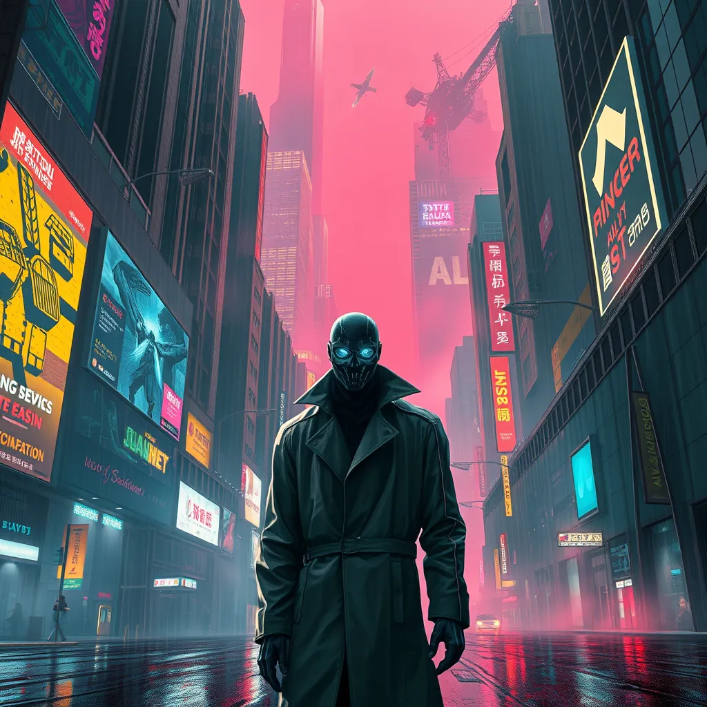 A towering, neon-drenched cyberpunk city, with holographic billboards advertising illicit services and flying vehicles weaving through the smog-filled sky. In the foreground, a lone figure in a trench coat walks down a rain-slicked street, their face obscured by a glowing cybernetic mask.