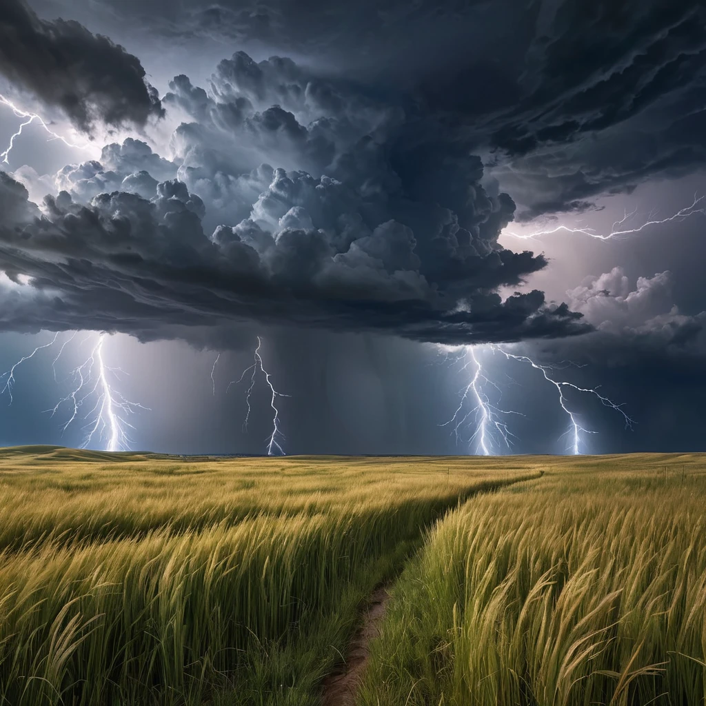 A vast, open prairie under a dramatic thunderstorm, with lightning bolts illuminating the dark clouds and the tall grass swaying in the strong winds.