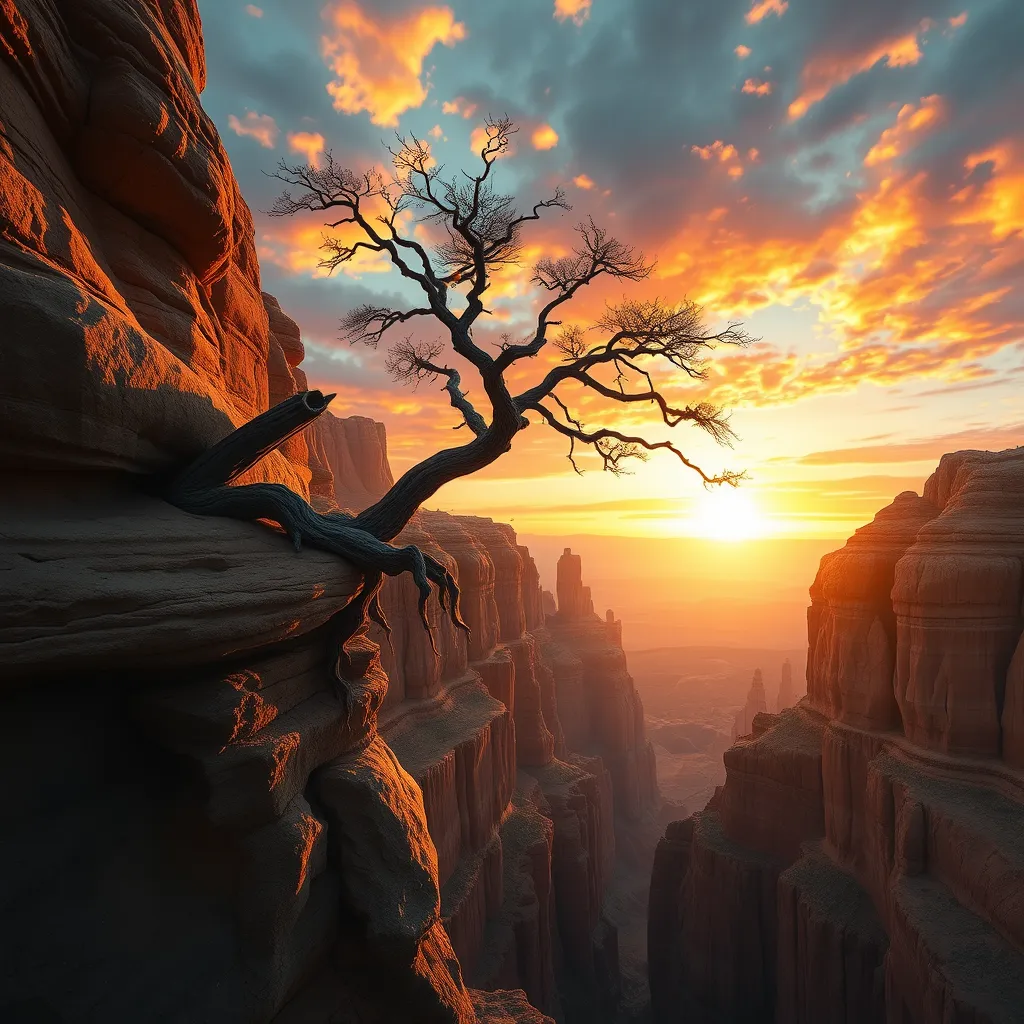 A vast, otherworldly canyon carved by time, with towering sandstone formations reaching towards a vibrant, sunset sky. A lone, weathered tree clings to the edge, its roots grasping the ancient rock.