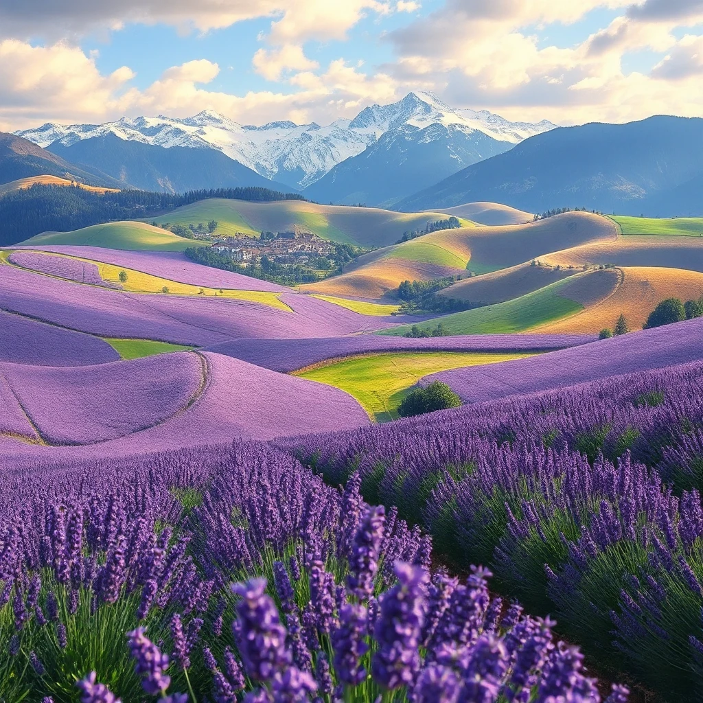 Rolling hills blanketed in lavender fields stretching towards a picturesque village nestled at the foot of snow-capped mountains, soft light, painterly style, calming atmosphere