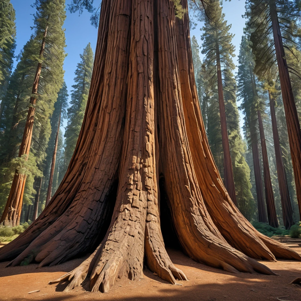 A massive, ancient sequoia tree, its bark deeply furrowed and textured. Sunlight filters through its canopy, illuminating a carpet of fallen needles on the forest floor.