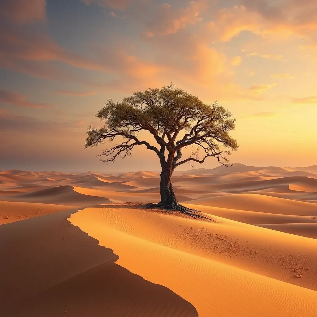 A vast, golden desert under a twilight sky, with dunes stretching endlessly, and a lone, ancient tree standing as a sentinel against the encroaching sands.
