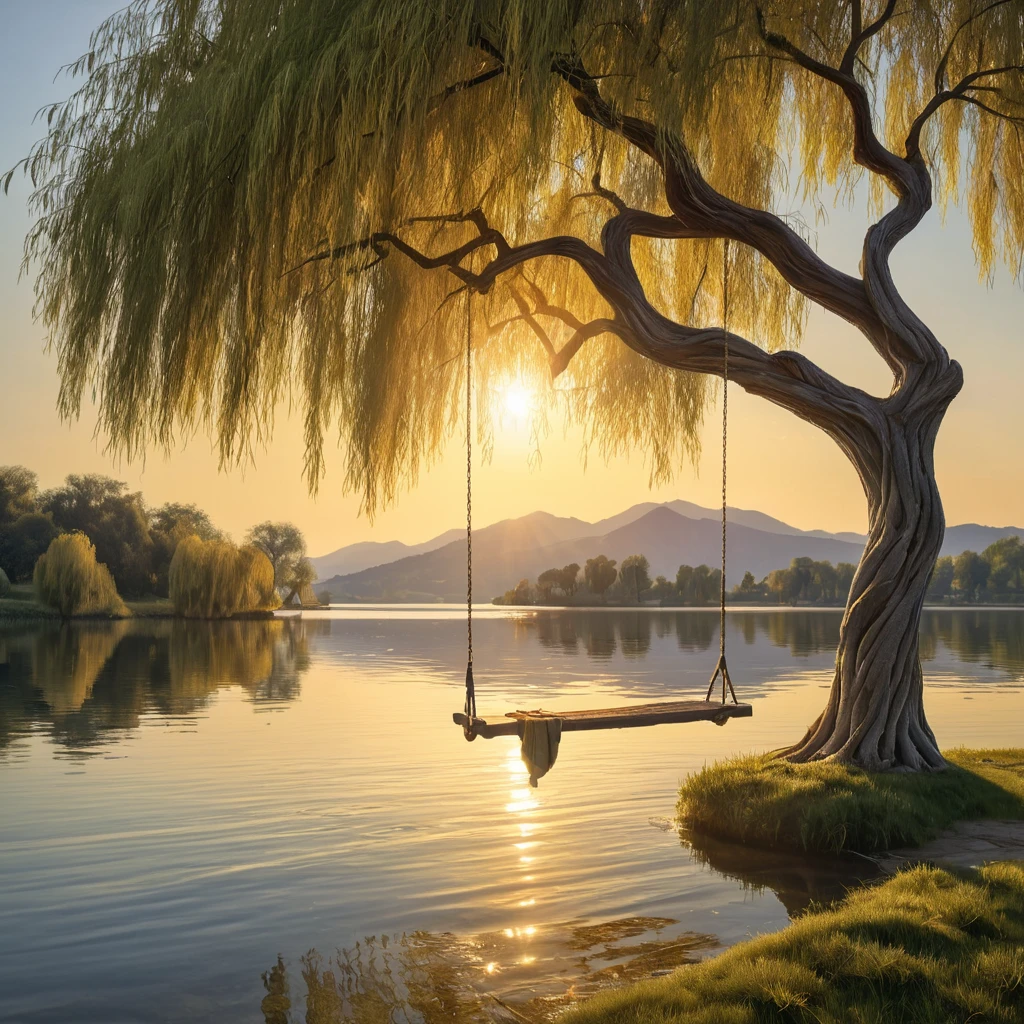 A lone swing hangs from a gnarled willow tree beside a shimmering lake, the setting sun casting golden rays across the water. (Tranquil, serene, peaceful, calming)
