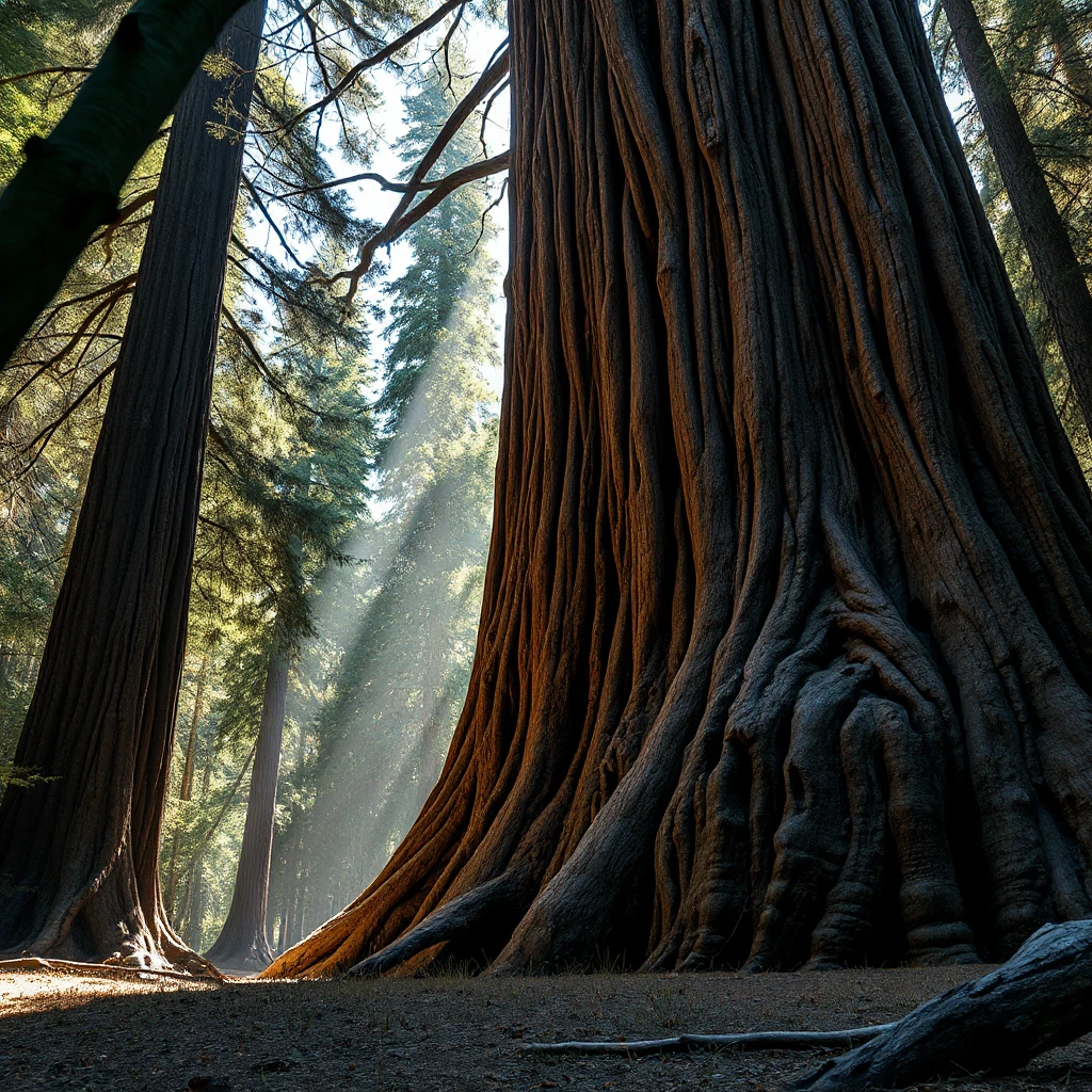 A massive, ancient sequoia tree, its bark deeply furrowed and textured. Sunlight filters through its canopy, illuminating a carpet of fallen needles on the forest floor.