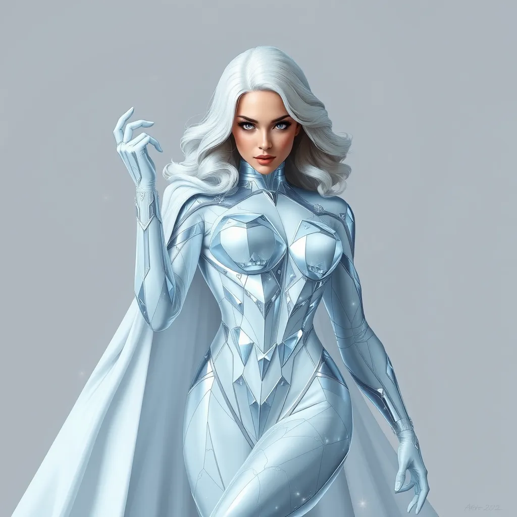 Emma Frost in diamond form, faceted skin sparkling, cold beauty, powerful stance, minimalist background, sharp lines, art deco inspiration, elegant