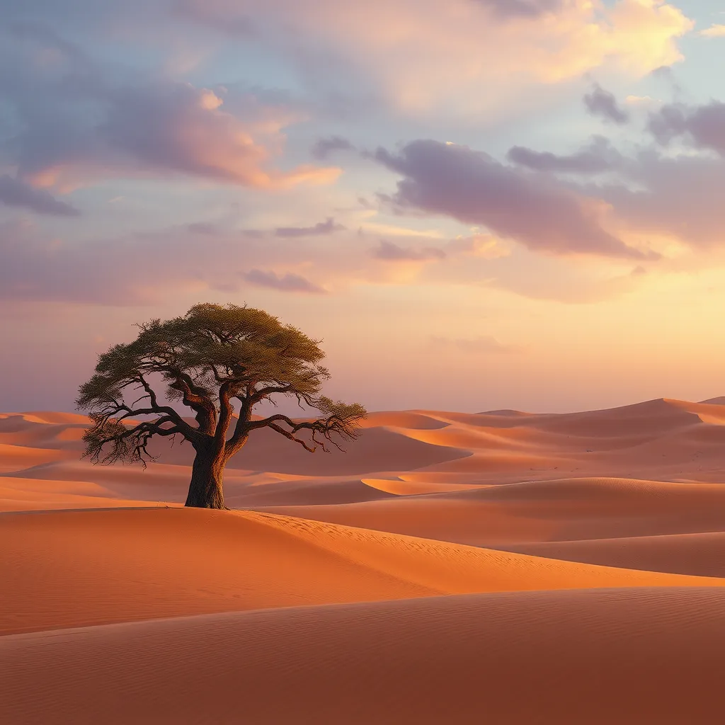 A vast, golden desert under a twilight sky, with dunes stretching endlessly, and a lone, ancient tree standing as a sentinel against the encroaching sands.