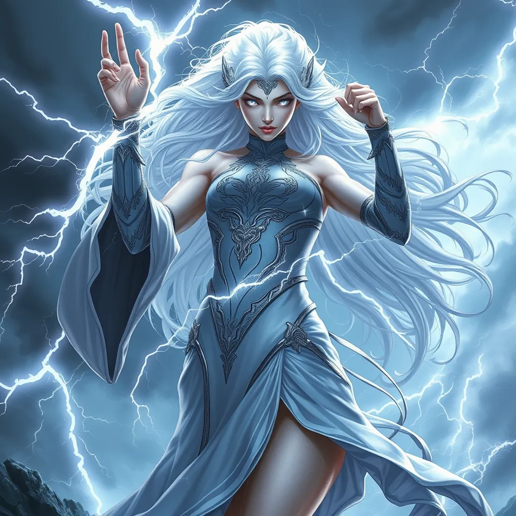 Storm commanding the weather, lightning crackling around her, eyes glowing white, flowing white hair, powerful stance, epic scale, dramatic sky, fantasy art style