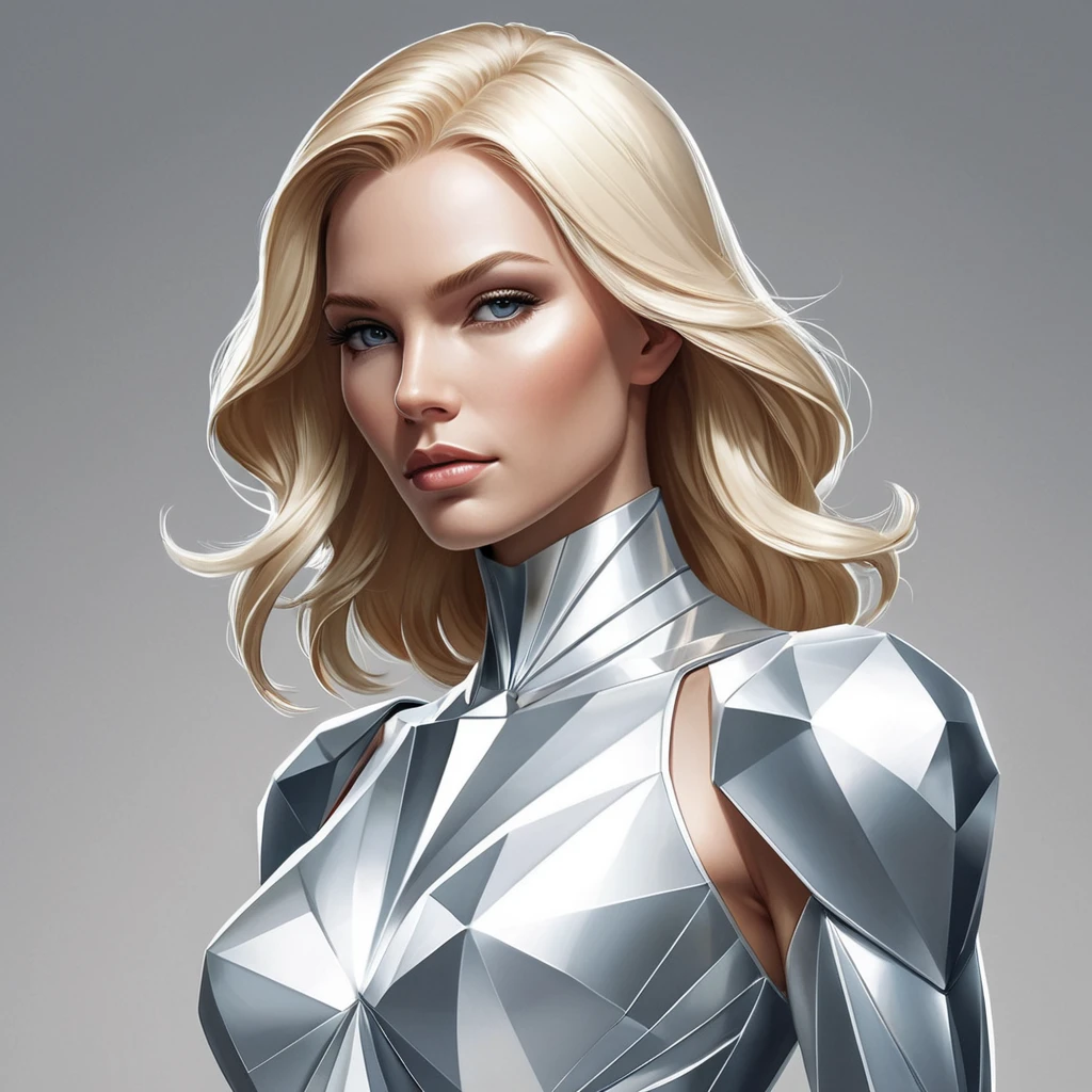 Emma Frost in diamond form, faceted skin sparkling, cold beauty, powerful stance, minimalist background, sharp lines, art deco inspiration, elegant
