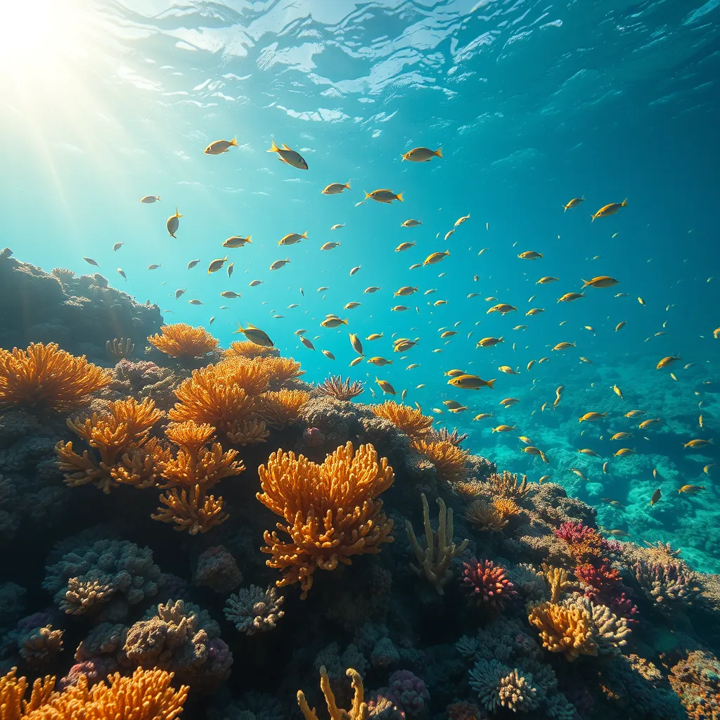 Bio luminescent coral reefs teeming with colorful fish, sunlight filtering through the crystal-clear water, creating dancing patterns of light and shadow, serene and magical