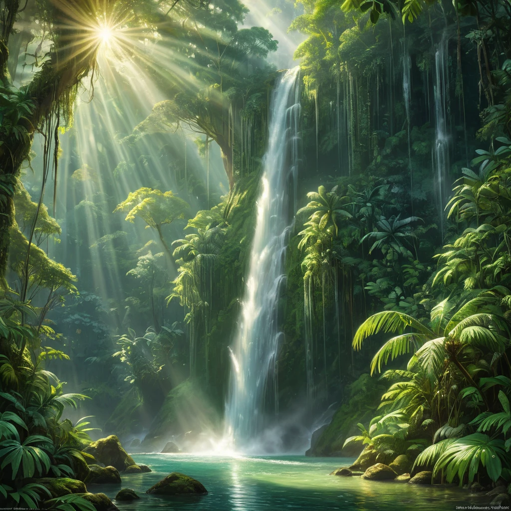 A cascading waterfall surrounded by lush, emerald-green rainforest, with rays of sunlight piercing through the dense canopy, creating a magical, ethereal glow.