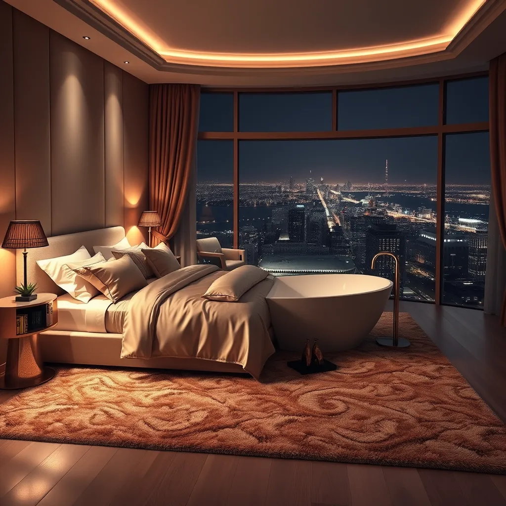 A luxurious bedroom with a king-size bed draped in silk sheets, a plush rug, and a large, freestanding bathtub with a view of a sparkling city at night. The room is bathed in soft, warm lighting.