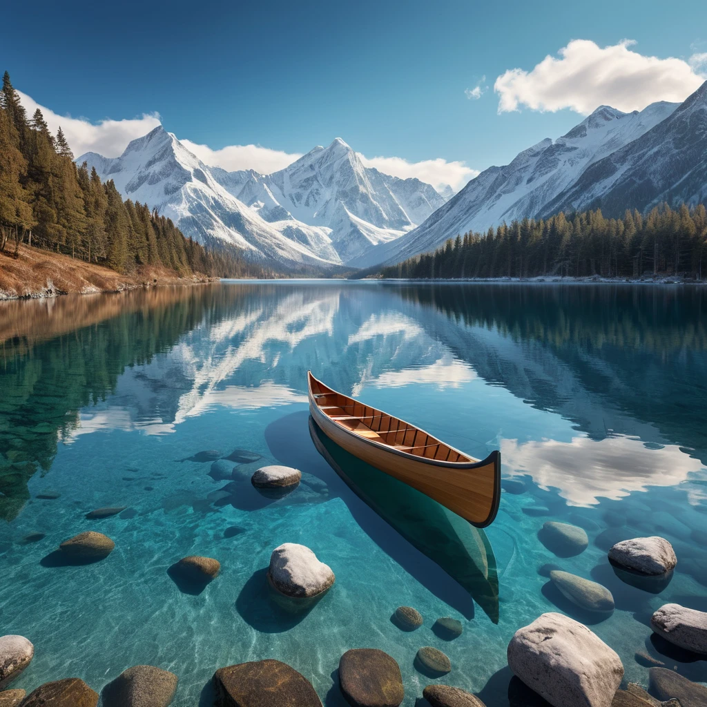A serene lake nestled within a ring of snow-capped mountains, reflecting the azure sky and wispy clouds. A wooden canoe glides across the glassy surface, leaving a gentle ripple in its wake.