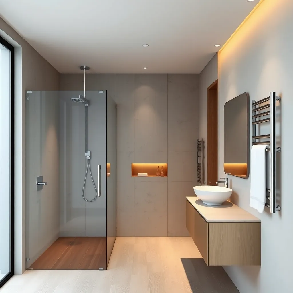 A modern bathroom with a large, walk-in shower featuring a rainfall shower head, a floating vanity with a sleek sink and mirror, and a heated towel rack. The room features a minimalist color palette with accents of warm wood and natural stone.
