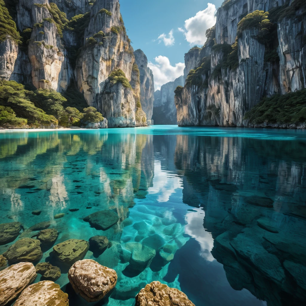 A hidden, crystal-clear lagoon surrounded by towering limestone cliffs, with the water so still it mirrors the sky above, creating a perfect, otherworldly reflection.