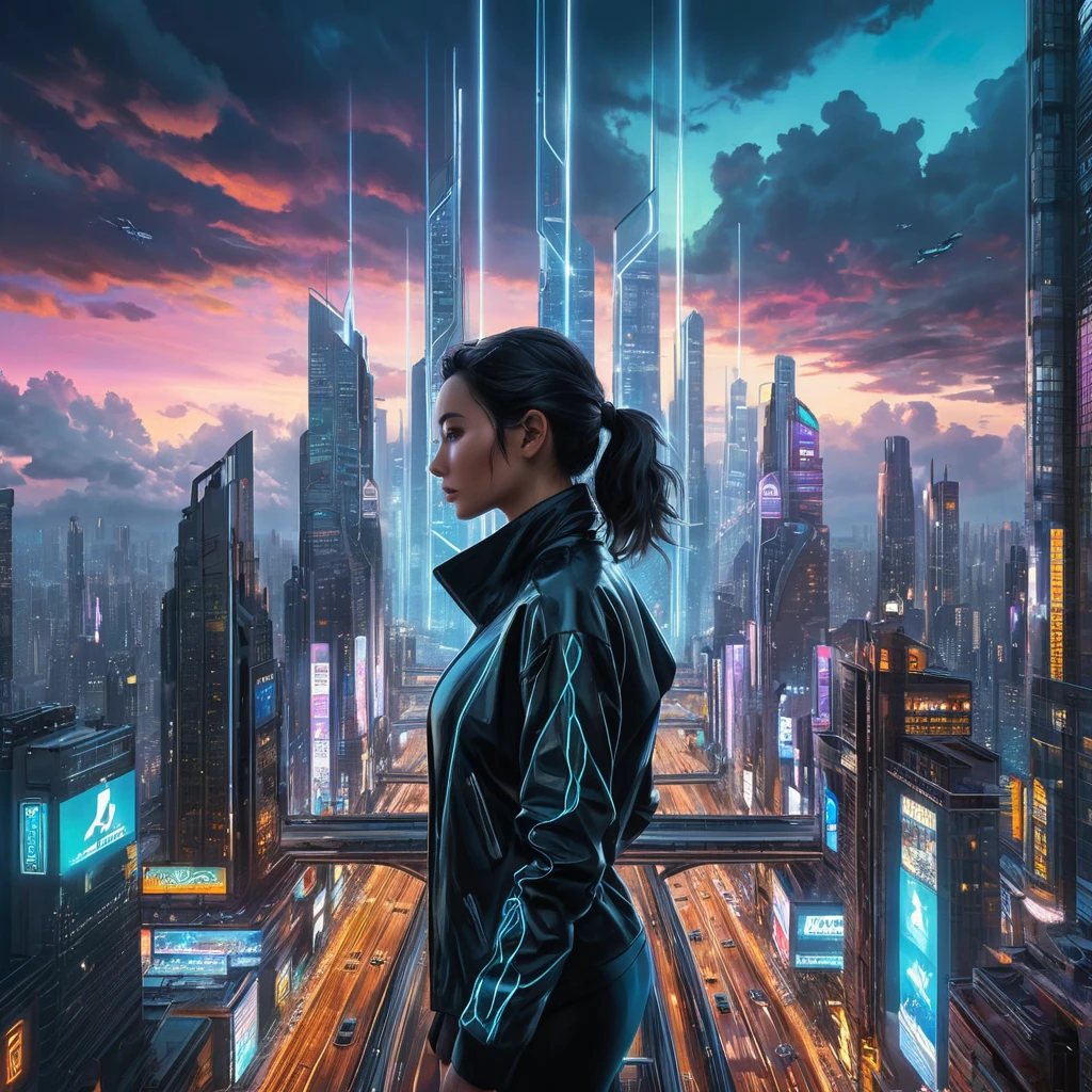 Cyberpunk cityscape, intricate network of neon-lit sky bridges connecting towering chrome skyscrapers, holographic advertisements projecting onto the clouds, flying cars zipping through the air, a lone figure silhouetted against the shimmering lights.