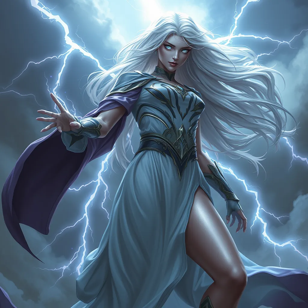 Storm commanding the weather, lightning crackling around her, eyes glowing white, flowing white hair, powerful stance, epic scale, dramatic sky, fantasy art style