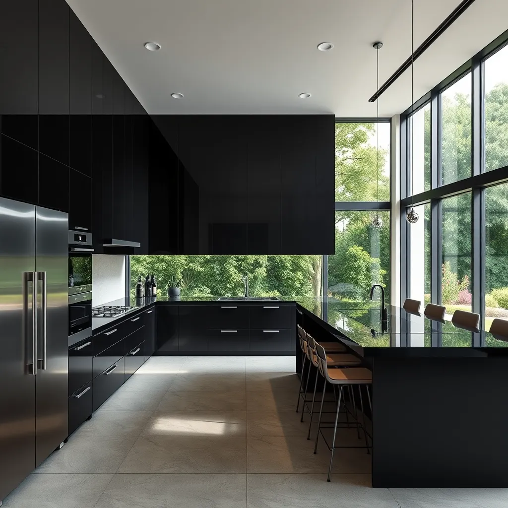 A futuristic kitchen with sleek, black cabinetry, stainless steel appliances, and a large island featuring a built-in induction cooktop and a breakfast bar with high-backed stools. A wall of windows overlooks a verdant garden.