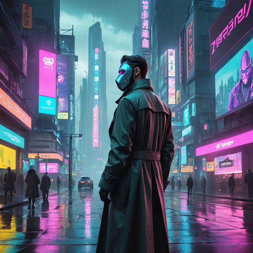 A towering, neon-drenched cyberpunk city, with holographic billboards advertising illicit services and flying vehicles weaving through the smog-filled sky. In the foreground, a lone figure in a trench coat walks down a rain-slicked street, their face obscured by a glowing cybernetic mask.