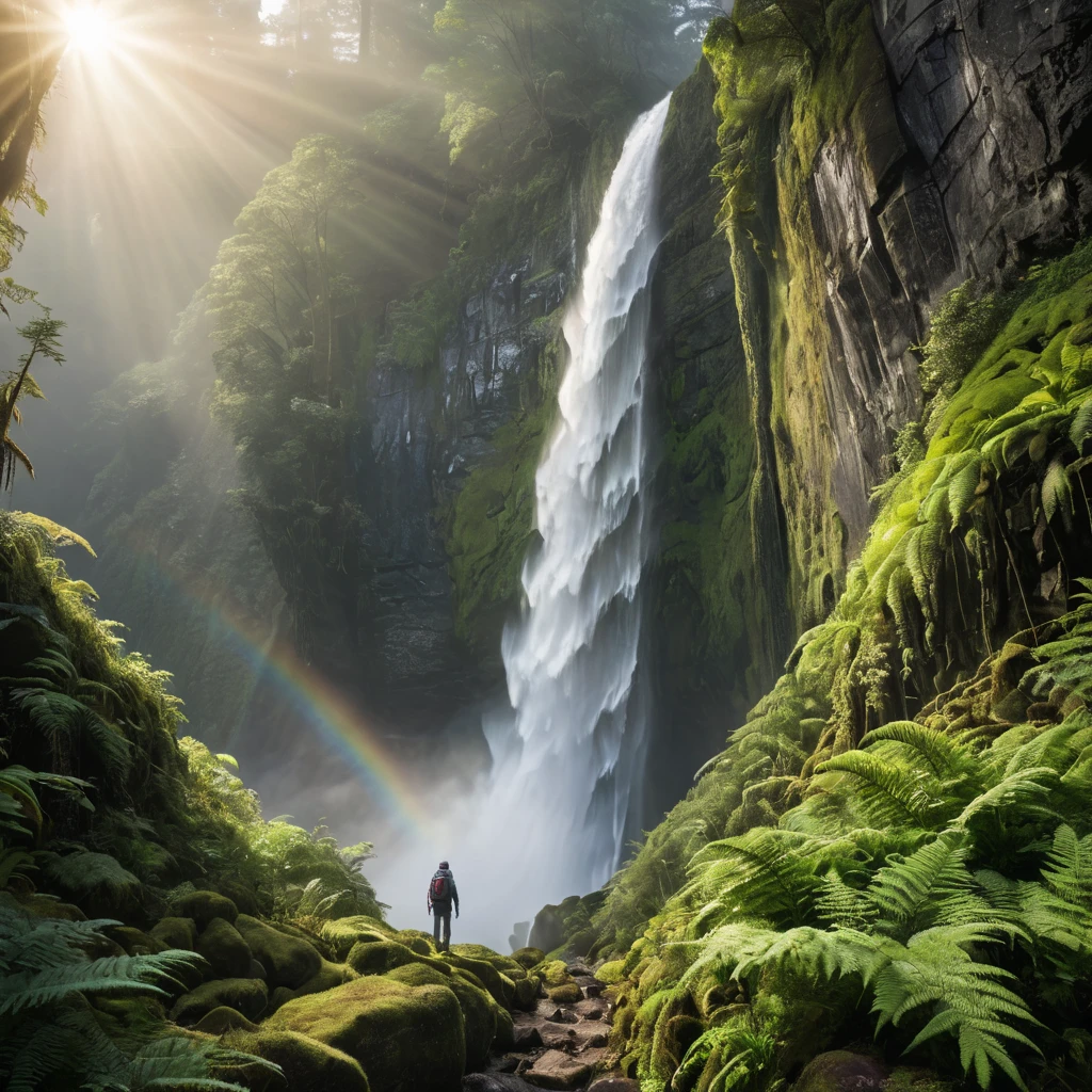 A majestic waterfall cascading down a sheer cliff face, sunlight illuminating the mist, creating a rainbow. Lush ferns and moss adorn the rocks, with a lone hiker silhouetted against the spray.