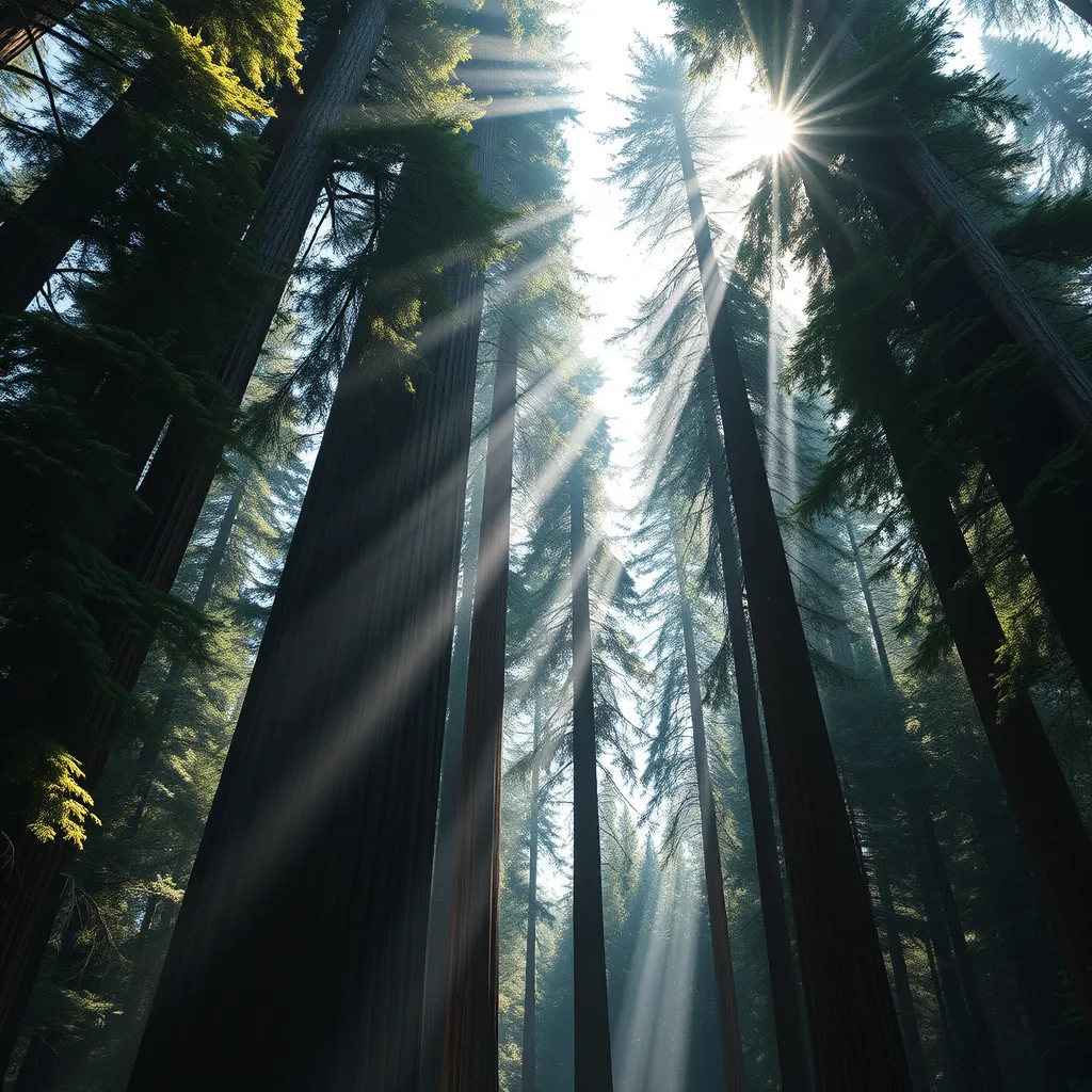 A towering, ancient redwood forest, where the massive trees form a cathedral-like canopy, and shafts of sunlight pierce through the dense foliage.