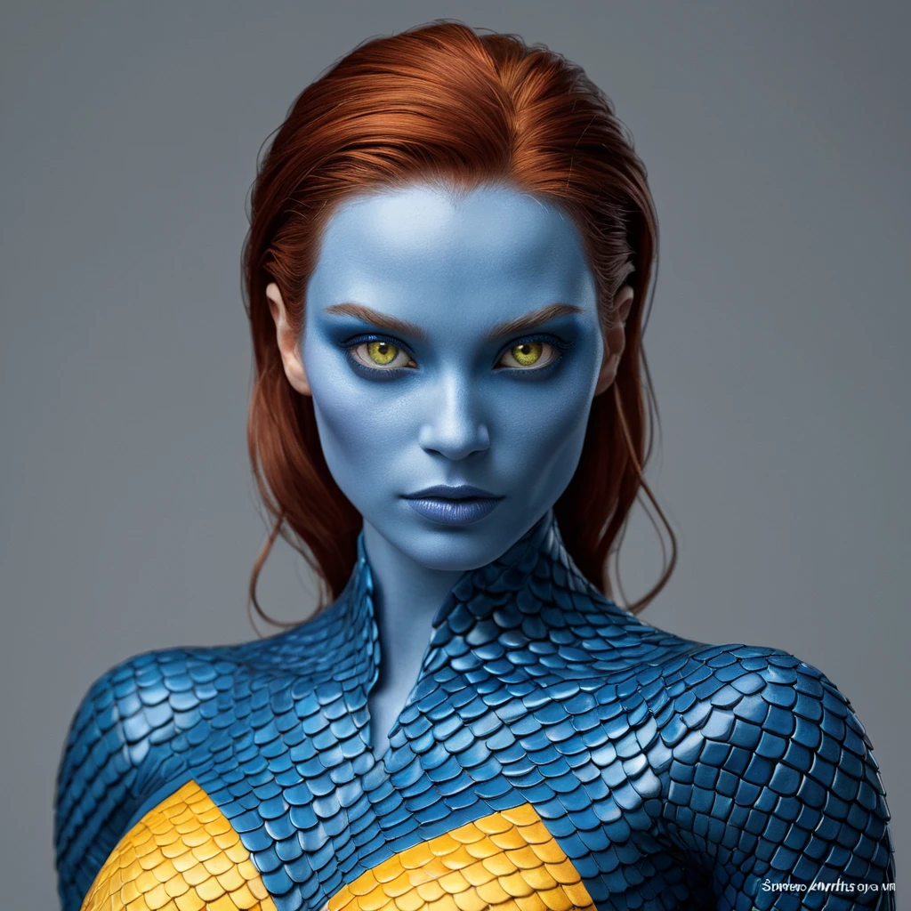 Mystique shifting into form, blue scales transforming into smooth skin, piercing yellow eyes, a hint of mischief, dynamic pose, dramatic lighting, photorealistic