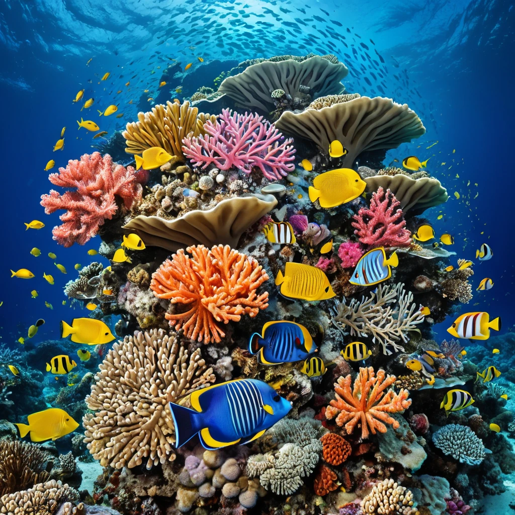 A vibrant coral reef teeming with exotic marine life, where schools of colorful fish dart among the intricate formations of coral, all set against the deep blue ocean.