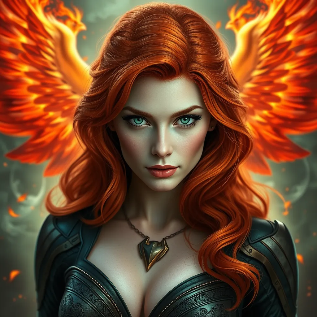Portrait of Jean Grey, fiery red hair, emerald green eyes, powerful, elegant, phoenix fire in the background, intricate details, sharp focus, 8k