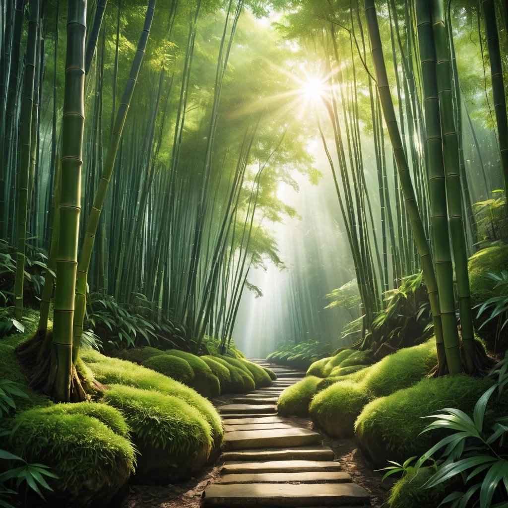 Deep within a bamboo forest, sunlight filters through the leaves, illuminating a moss-covered path. (Zen, meditation, green, ethereal)