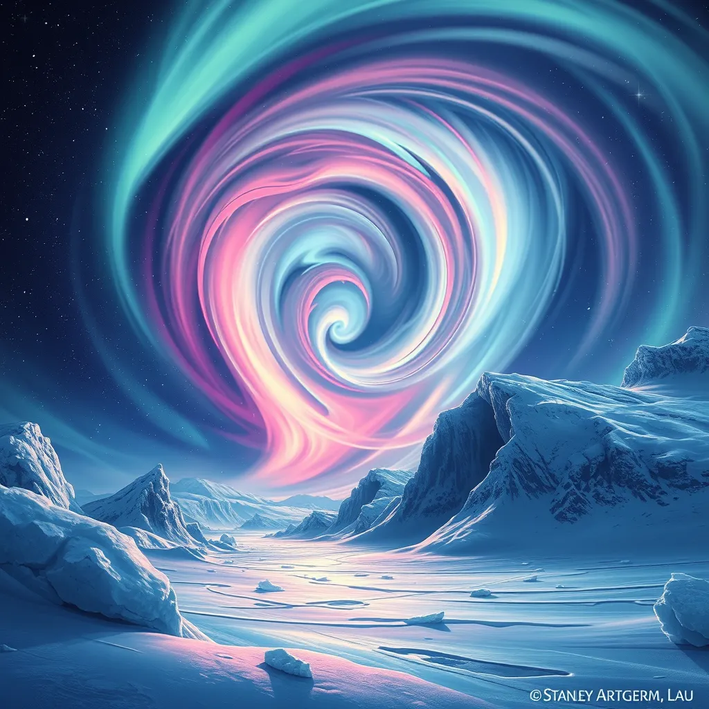 A swirling vortex of vibrant colors, representing the aurora borealis dancing across a frozen, arctic landscape. Stars twinkle in the night sky, casting a magical light on the scene.