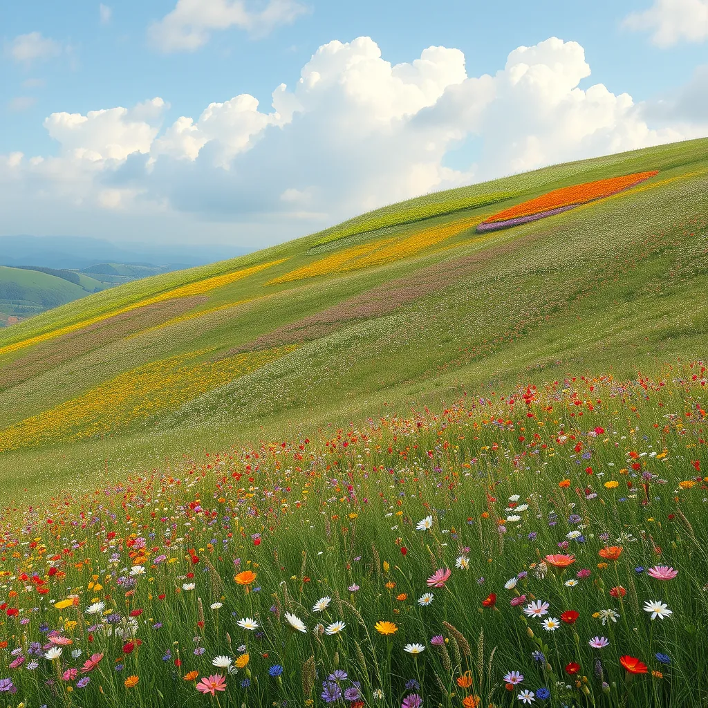 A rolling meadow carpeted with a patchwork of wildflowers in every hue imaginable, with a gentle breeze causing the field to ripple like a living tapestry.