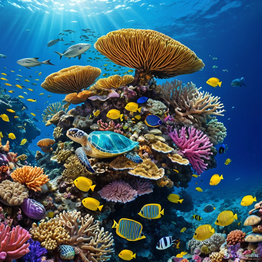 A vibrant, colorful coral reef teeming with marine life, including schools of fish, sea turtles, and vibrant anemones, all set against the deep blue ocean.