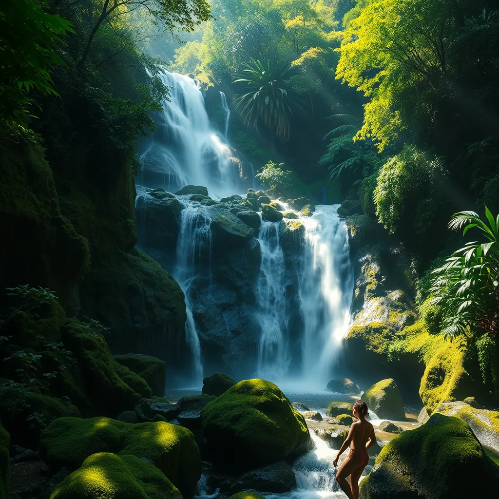 A cascading waterfall surrounded by lush, emerald-green rainforest, with sunlight filtering through the dense canopy, casting dappled shadows on the moss-covered rocks below.
