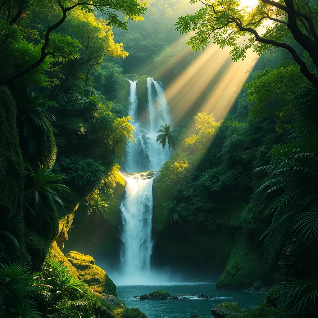 A cascading waterfall surrounded by lush, emerald-green rainforest, with rays of sunlight piercing through the dense canopy, creating a magical, ethereal glow.