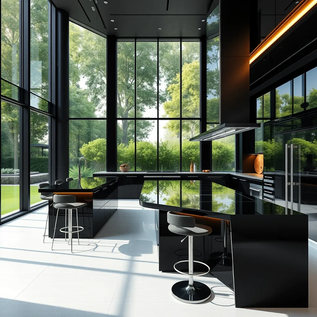 A futuristic kitchen with sleek, black cabinetry, stainless steel appliances, and a large island featuring a built-in induction cooktop and a breakfast bar with high-backed stools. A wall of windows overlooks a verdant garden.