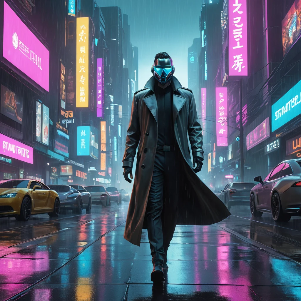 A towering, neon-drenched cyberpunk city, with holographic billboards advertising illicit services and flying vehicles weaving through the smog-filled sky. In the foreground, a lone figure in a trench coat walks down a rain-slicked street, their face obscured by a glowing cybernetic mask.