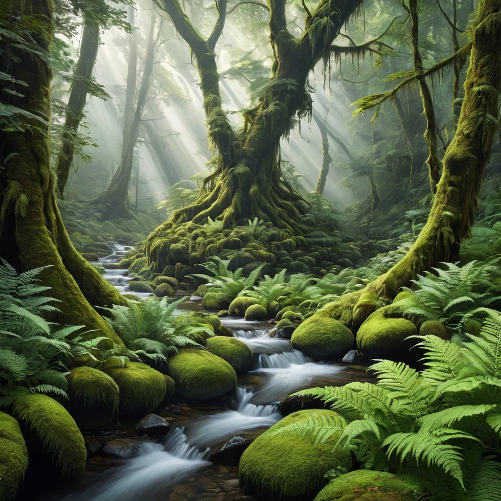 A dense, ancient forest with towering, moss-covered trees, a carpet of ferns, and a hidden, crystal-clear stream winding through the undergrowth.