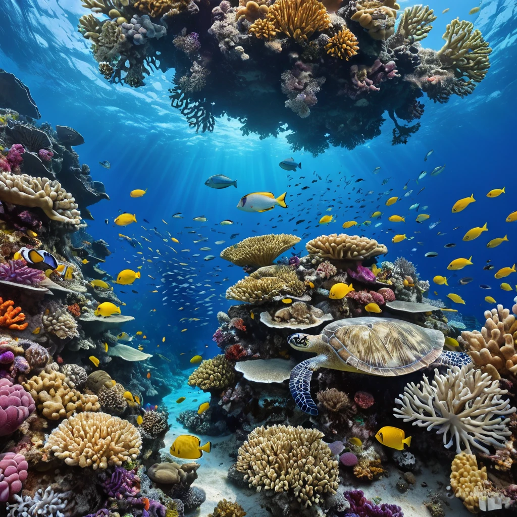 A vibrant, colorful coral reef teeming with marine life, including schools of fish, sea turtles, and vibrant anemones, all set against the deep blue ocean.