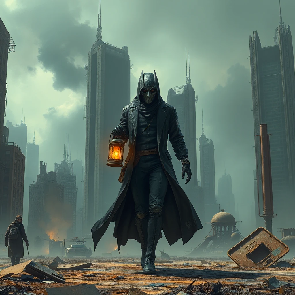 A cyberpunk dystopia, a desolate wasteland dotted with crumbling skyscrapers, the air thick with smog and radiation, a lone figure walks through the wasteland, their face obscured by a mask, carrying a flickering lantern.