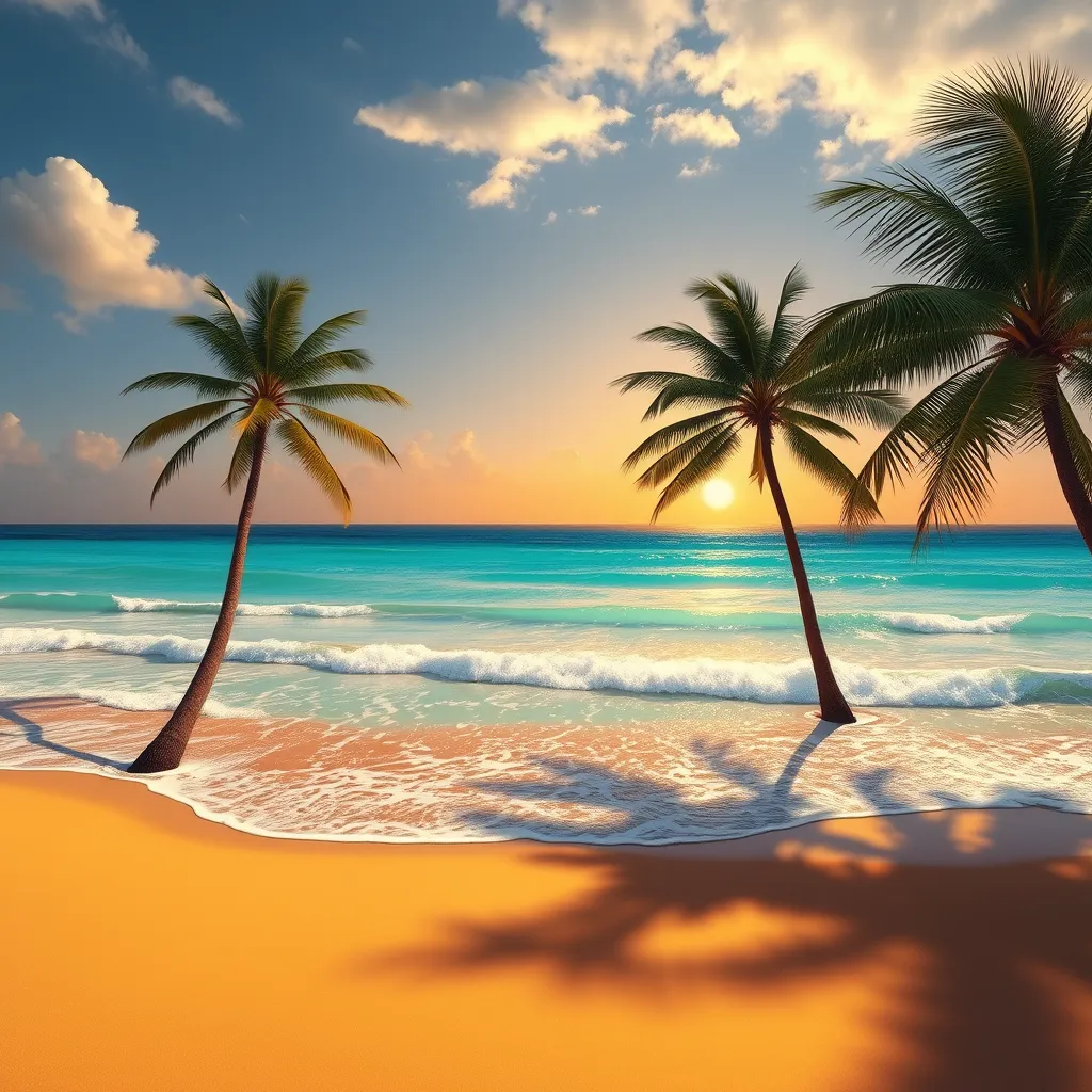 A tranquil beach at sunset, with golden sand meeting the turquoise ocean. Palm trees sway gently in the warm breeze, casting long shadows across the shore.