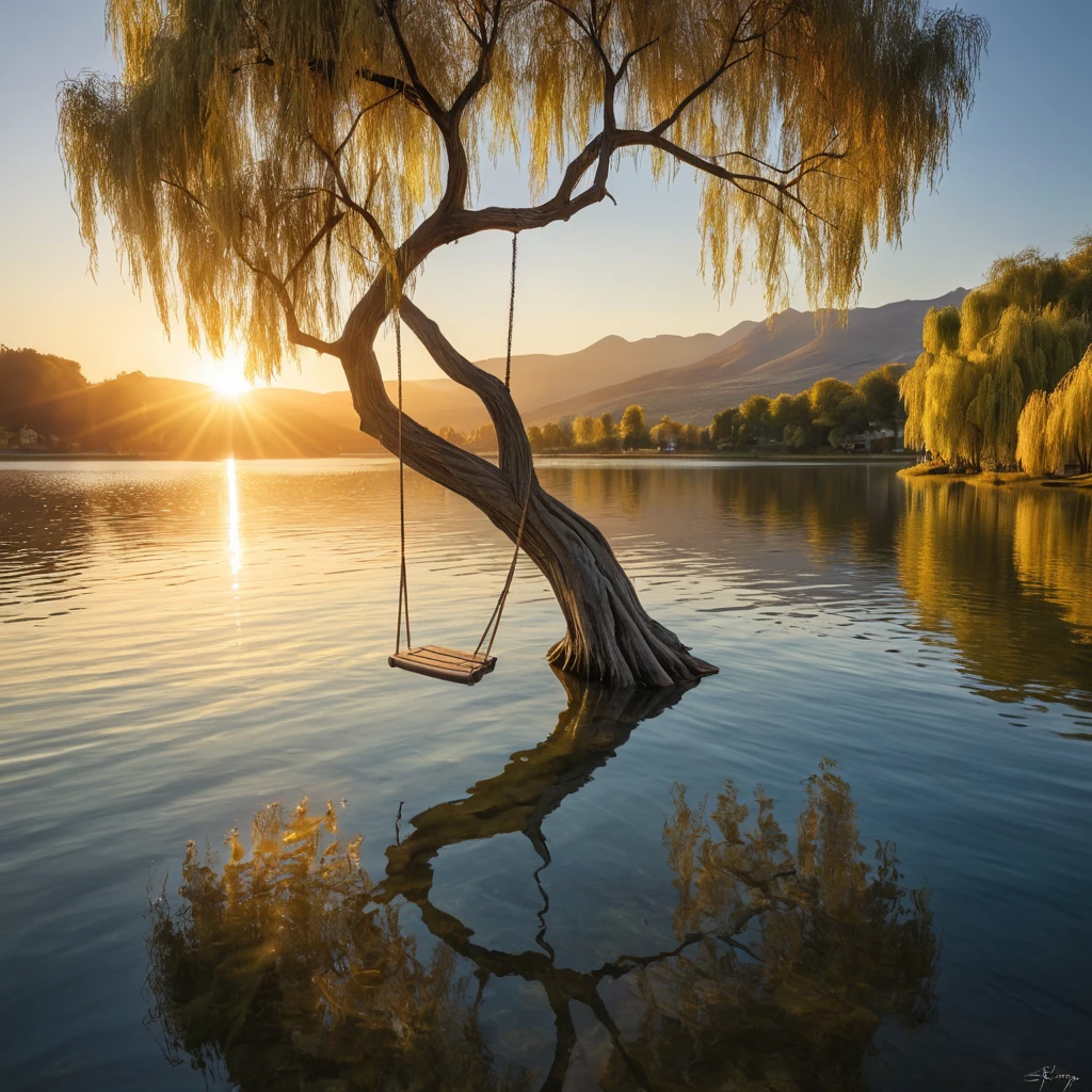 A lone swing hangs from a gnarled willow tree beside a shimmering lake, the setting sun casting golden rays across the water. (Tranquil, serene, peaceful, calming)