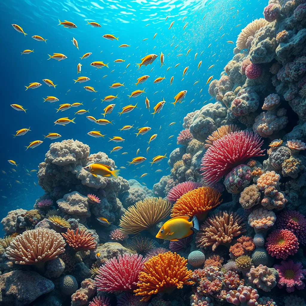 A vibrant coral reef teeming with exotic marine life, where schools of colorful fish dart among the intricate formations of coral, all set against the deep blue ocean.