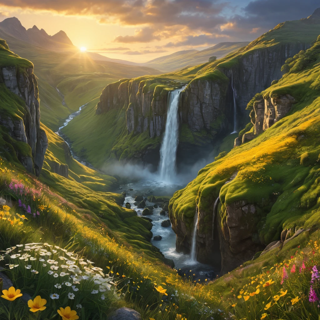 A hidden valley bathed in the golden light of dawn, waterfalls cascading down moss-covered cliffs, a blanket of vibrant wildflowers in the foreground, hyperrealistic, 8k