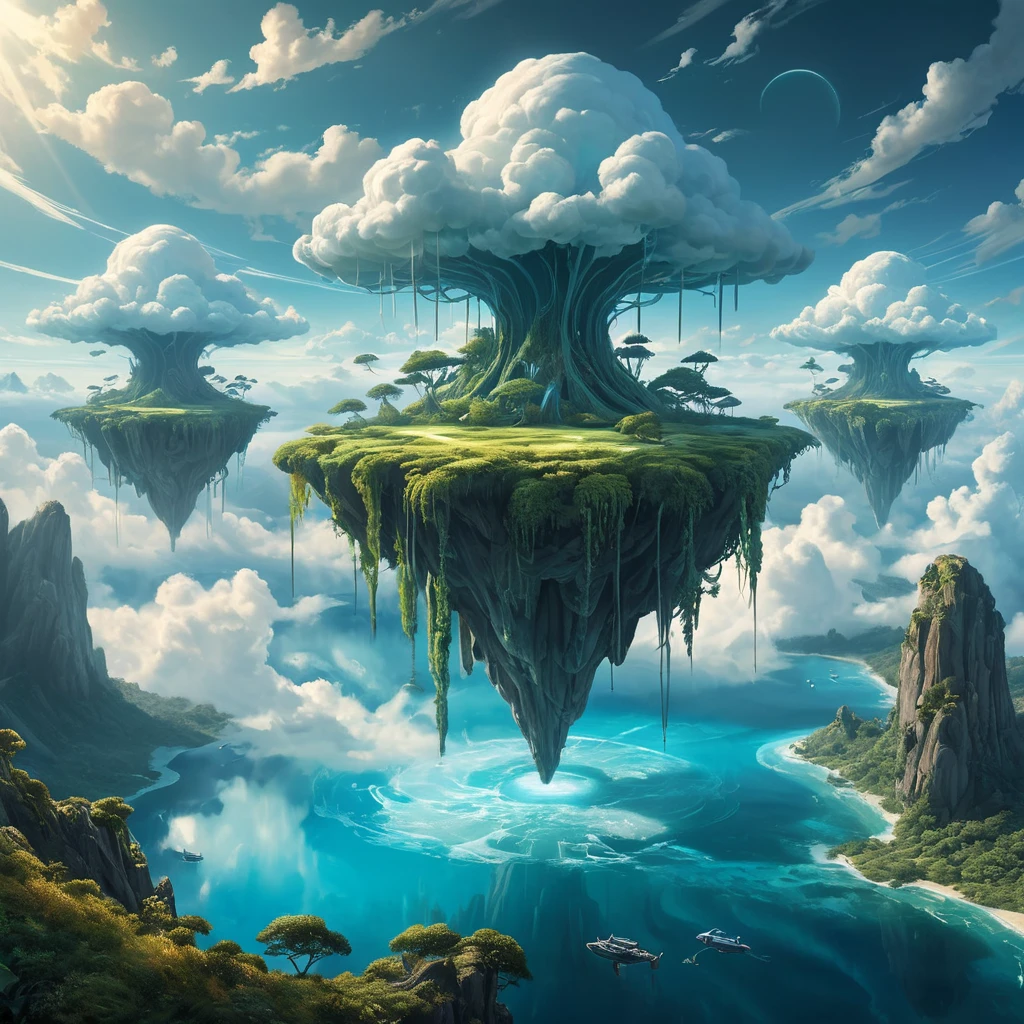 A surreal, otherworldly landscape, with floating islands suspended in a sky filled with swirling clouds. Strange, bioluminescent plants illuminate the scene with an ethereal glow.