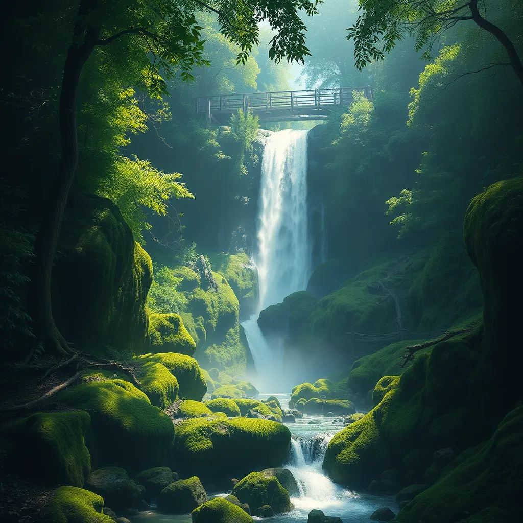 A cascading waterfall surrounded by lush, emerald-green rainforest, with sunlight filtering through the dense canopy, casting dappled shadows on the moss-covered rocks below.